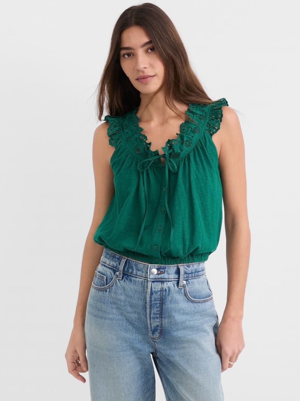 LOFT Green Eyelet Ruffle Tie Neck Top